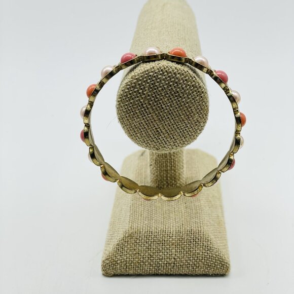 Beaded Bangle Bracelet Pink Cabochon Gold Tone Pearlescent Peach - Picture 6 of 6